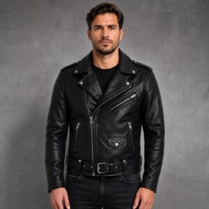 Men’s Black Leather Biker Jacket – Motorcycle Cafe Racer Zip-Up Belted Rock Style Coat