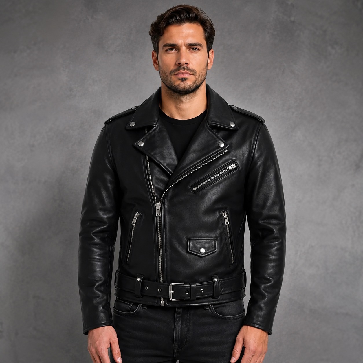 Men’s Black Leather Biker Jacket – Motorcycle Cafe Racer Zip-Up Belted Rock Style Coat