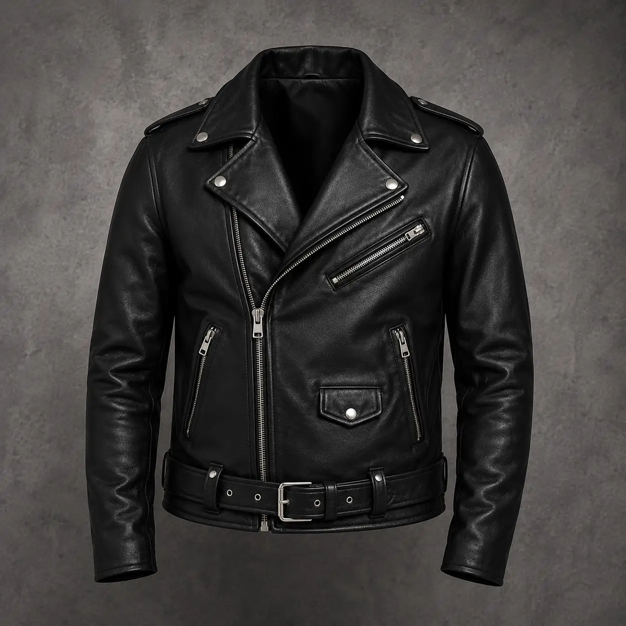 Men’s Black Leather Biker Jacket – Motorcycle Cafe Racer Zip-Up Belted Rock Style Coat - Image 3