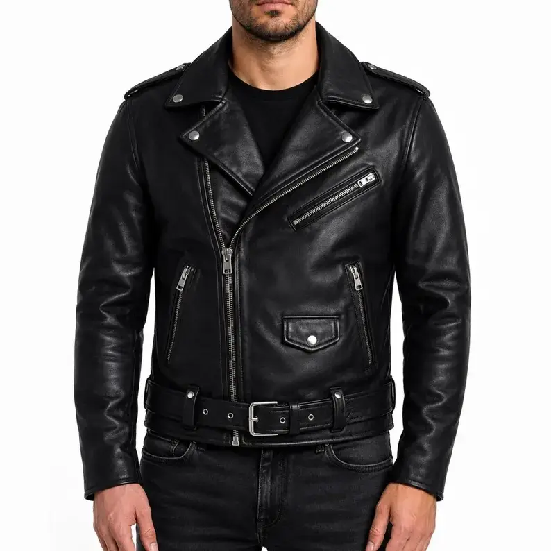 Men’s Black Leather Biker Jacket – Motorcycle Cafe Racer Zip-Up Belted Rock Style Coat - Image 2