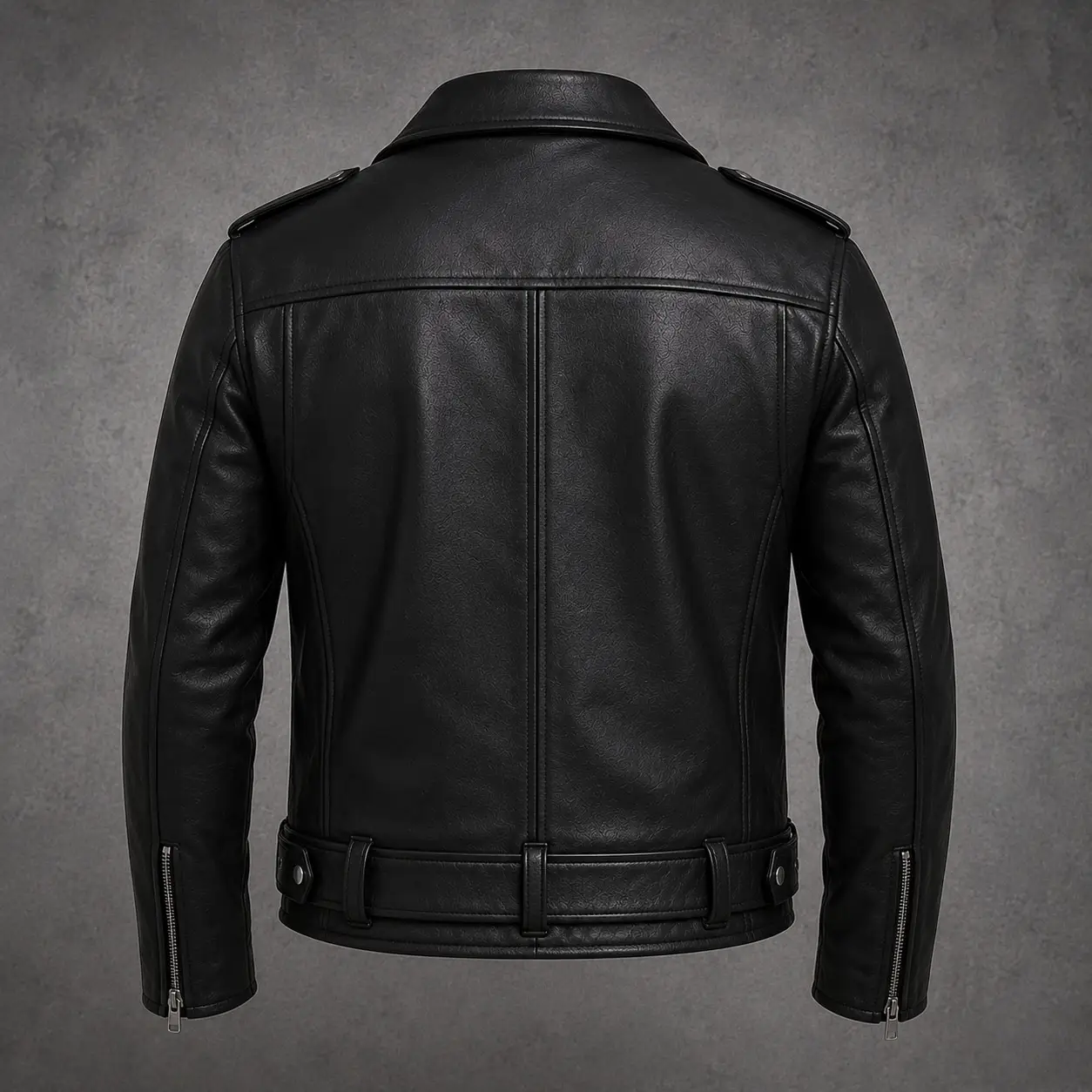 Men’s Black Leather Biker Jacket – Motorcycle Cafe Racer Zip-Up Belted Rock Style Coat - Image 4
