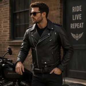 Men's Black Leather Motorcycle Jacket with CE Armour Biker Riding Protection